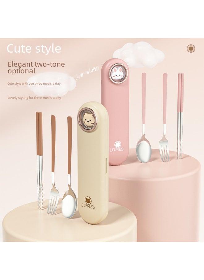 304 Stainless Steel Tableware Suit Portable Student Travel Essential Non-slip Mute Drop-resistant Cute Convenient Tableware-Specifications:Cream-natural Color (three-piece Set)