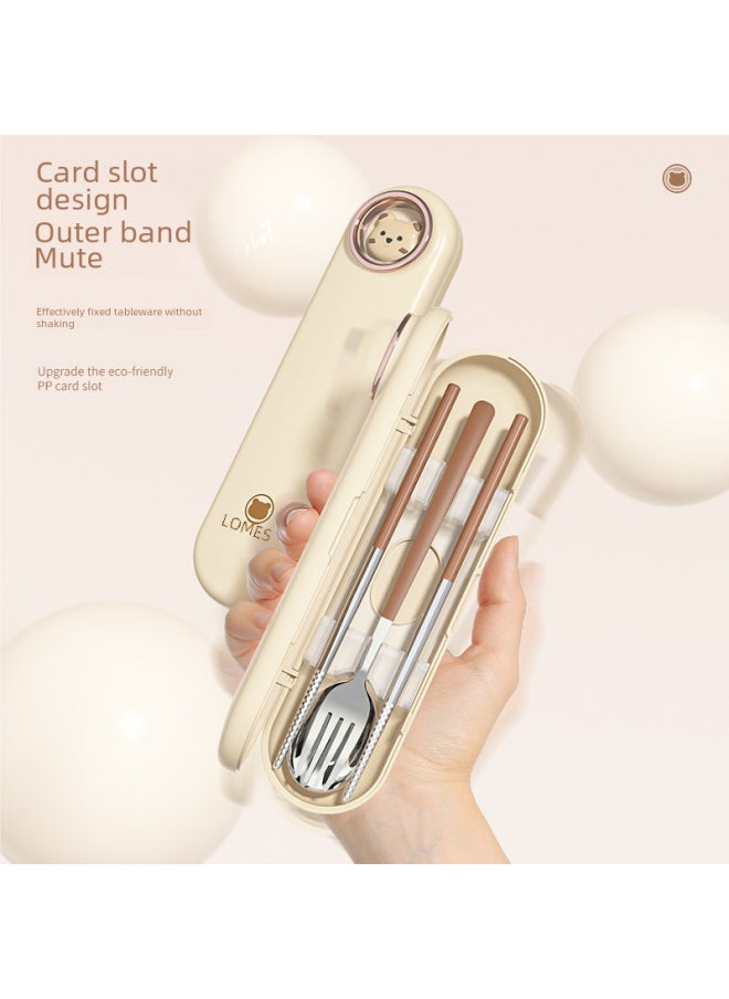 304 Stainless Steel Tableware Suit Portable Student Travel Essential Non-slip Mute Drop-resistant Cute Convenient Tableware-Specifications:Cream-natural Color (three-piece Set)