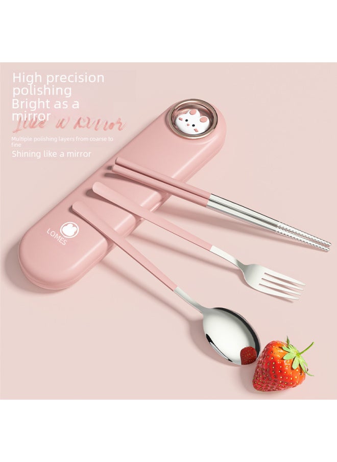 304 Stainless Steel Tableware Suit Portable Student Travel Essential Non-slip Mute Drop-resistant Cute Convenient Tableware-Specifications:Cream-natural Color (three-piece Set)