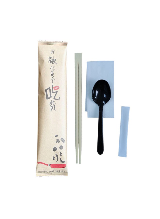 Tableware Bag Carbonized Spoon Napkin Toothpick Takeaway Three Four In One Disposable Chopsticks Four-piece Set-Color:Smiley (OPP Packaging) 100 Sets-Specifications:Four-piece Set (black Spoon)