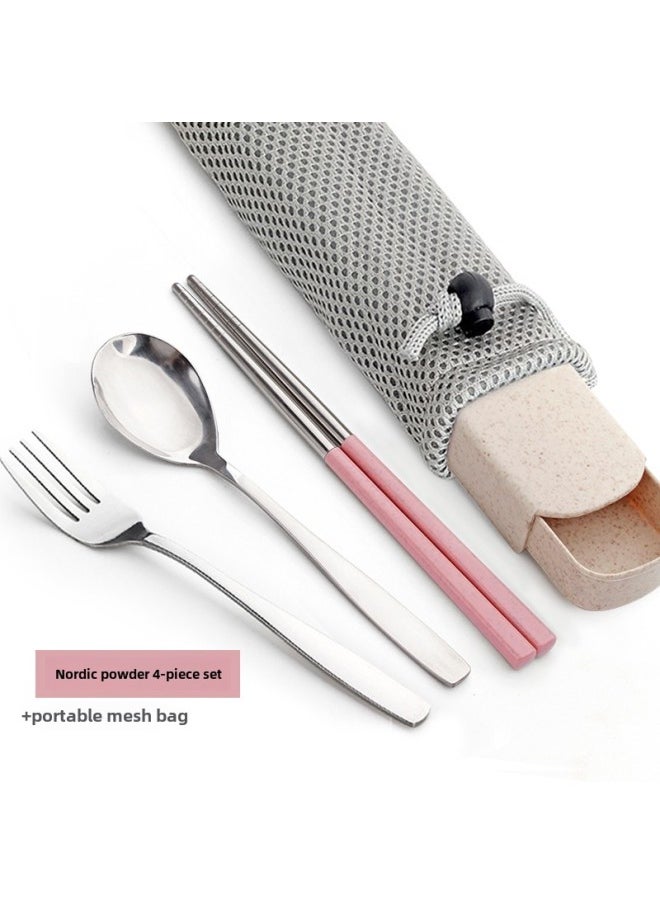 Chopsticks Spoon Storage Box Single Portable Student Tableware Suit Stainless Steel Chopsticks Fork Three-piece Set-Specifications:Default Items-Color:Pink Chopsticks, Spoon And Fork + Wheat Box + Bag