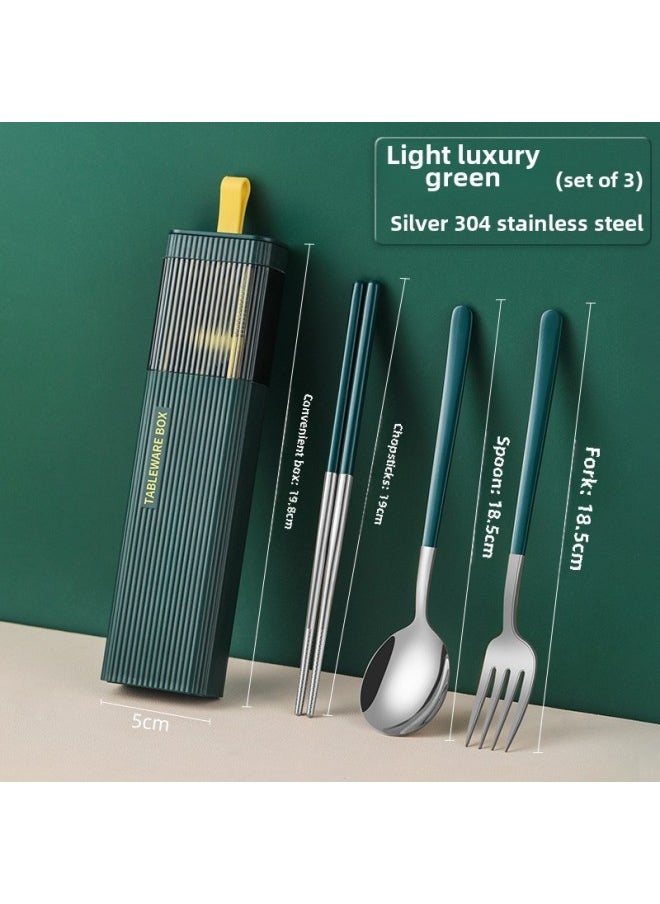 304 Stainless Steel Chopsticks Spoon Set Single Portable Tableware Three-piece Student Chopsticks Spoon Fork Storage Box-Specifications:Monochrome Silver Spoon And Fork Chopsticks Three-piece Set-Color:Dark Green