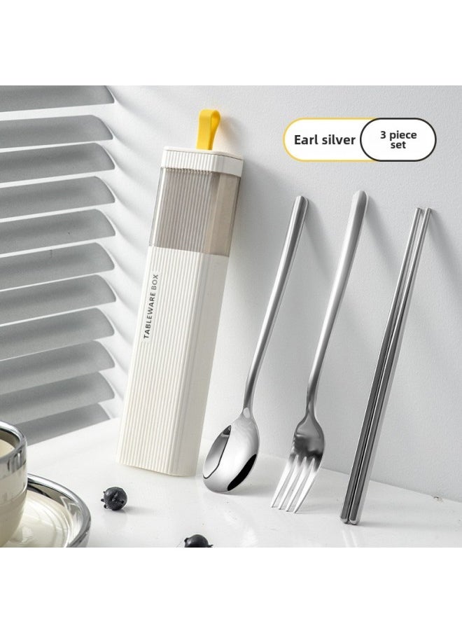 304 Stainless Steel Chopsticks Spoon Set Single Portable Tableware Three-piece Student Chopsticks Spoon Fork Storage Box-Specifications:Monochrome Silver Spoon And Fork Chopsticks Three-piece Set-Color:Dark Green