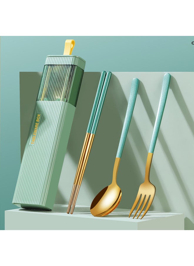 304 Stainless Steel Chopsticks Spoon Set Single Portable Tableware Three-piece Student Chopsticks Spoon Fork Storage Box-Specifications:Monochrome Silver Spoon And Fork Chopsticks Three-piece Set-Color:Dark Green