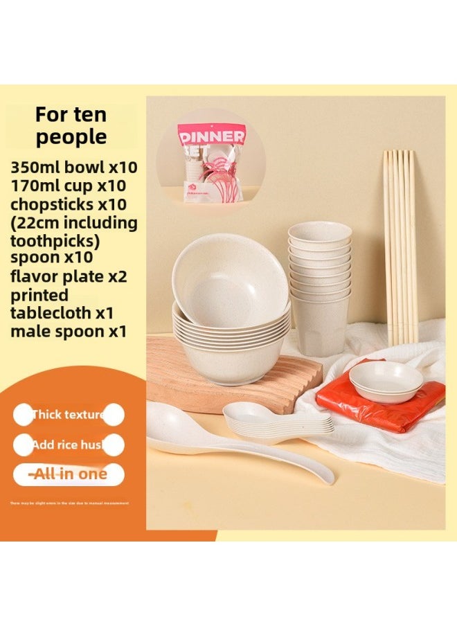 Disposable Tableware Bowl Chopsticks Set Crystal Air Takeaway Festive Home Takeaway 10 People Wedding Banquet Wholesale-Color:Rice Husk Degradation (large Bowl)-Specifications:Ten Persons