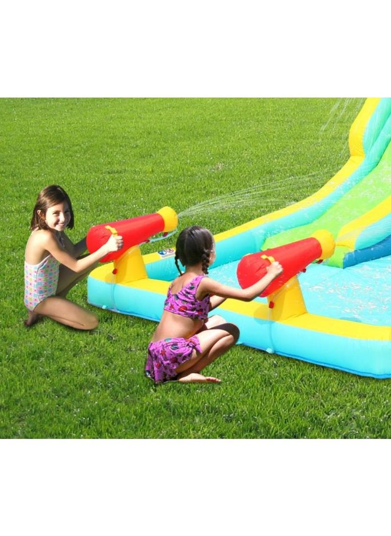 Happy Hop Jump & Splash Double Blaster Play Center with Water Slide, Climbing Wall and Water Cannons 400x300x220cm | Inflatable Bouncer | Inflatable Water Park Powered by Electric Blower | Jumping Castle for Outdoor Play | Water Play Adventure | Suitable for Ages 3+