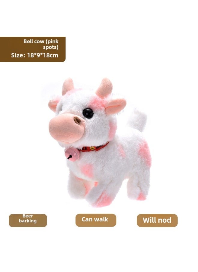 The Simulation Of Electric Plush Cows Can Walk Moo Call Sound Tail Electronic Pet Children's Toys-Color:Bell Cow (Powder)