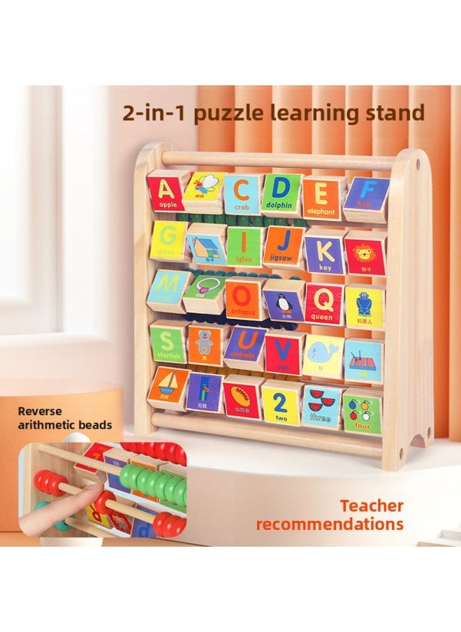 Wooden Multi-functional Children's Reading Pictures And Learning Pinyin Two-in-one Flip Learning Computing Rack Early Education Cognitive Educational Toys-Color:Two-in-one Puzzle Learning Rack