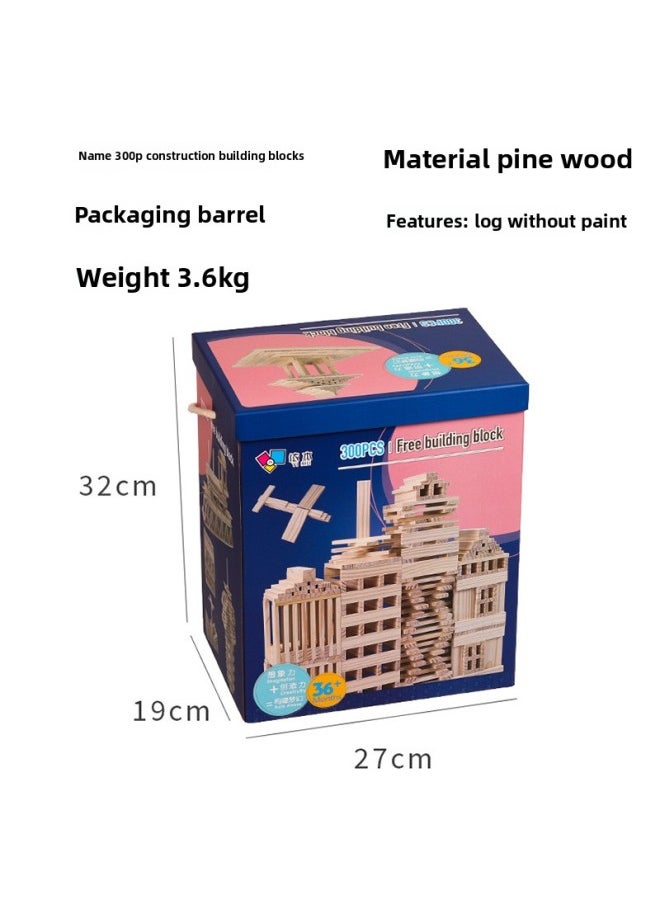 300p Colorful Wooden Building Blocks Logs Solid Wood Kindergarten Construction Wooden Toy Barreled Capule-Color:180p Original +60p Color (color Box + Storage Bag)-Specifications:Pine