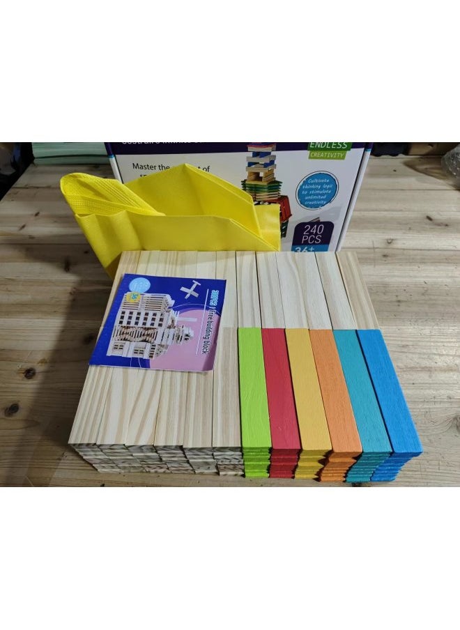 300p Colorful Wooden Building Blocks Logs Solid Wood Kindergarten Construction Wooden Toy Barreled Capule-Color:180p Original +60p Color (color Box + Storage Bag)-Specifications:Pine