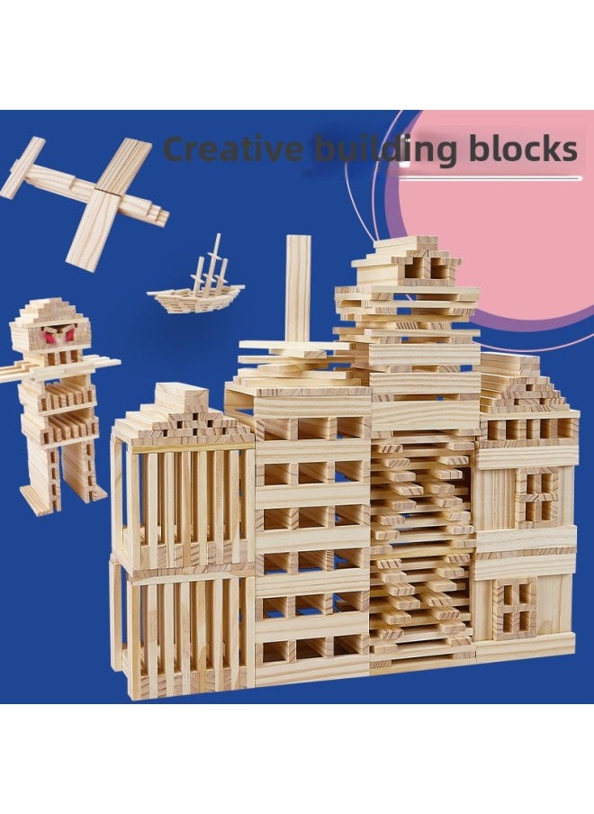 300p Colorful Wooden Building Blocks Logs Solid Wood Kindergarten Construction Wooden Toy Barreled Capule-Color:180p Original +60p Color (color Box + Storage Bag)-Specifications:Pine