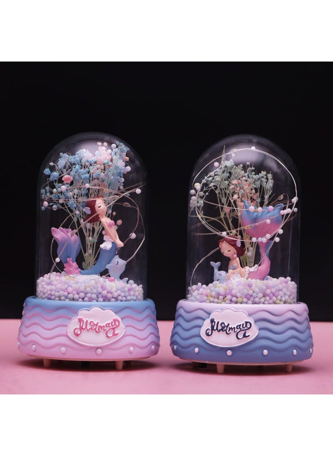 Mermaid Night Light Music Box Eternal Flower Dried Flower Glass Cover Desktop Decoration Star Ornaments Student Gift-Color:D05 Carousel Night Light Music Box Pink