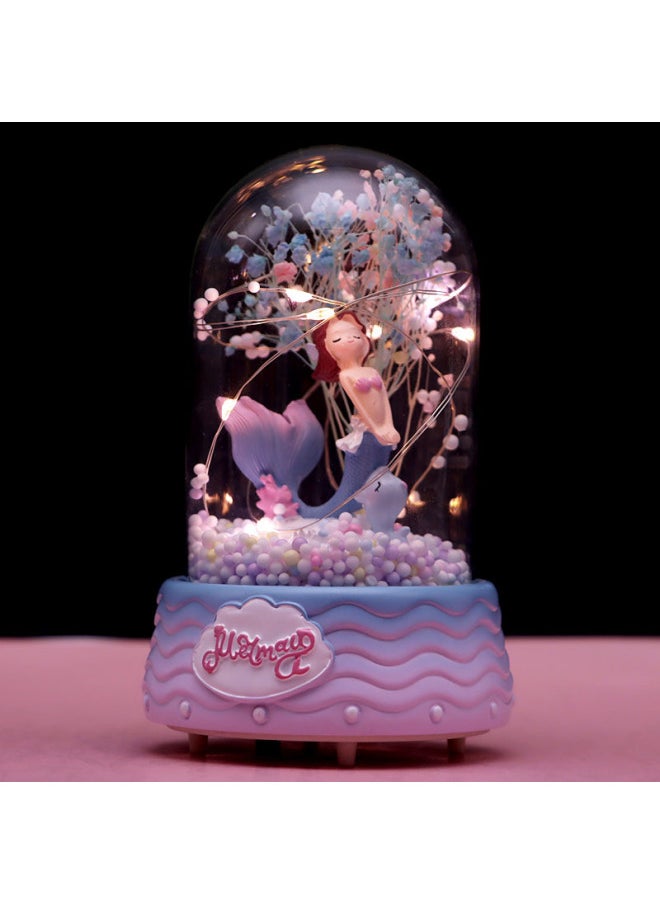Mermaid Night Light Music Box Eternal Flower Dried Flower Glass Cover Desktop Decoration Star Ornaments Student Gift-Color:D05 Carousel Night Light Music Box Pink