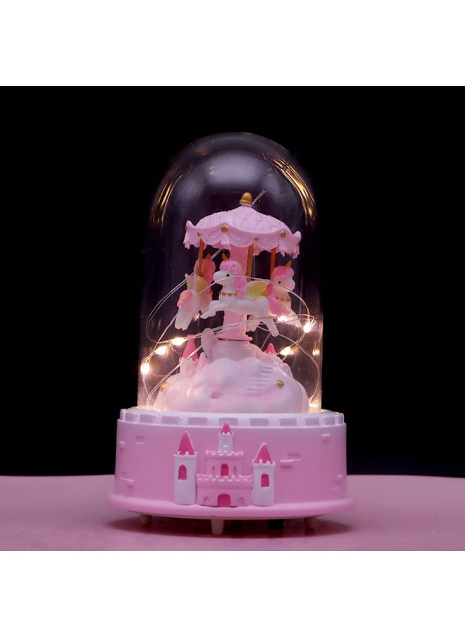 Mermaid Night Light Music Box Eternal Flower Dried Flower Glass Cover Desktop Decoration Star Ornaments Student Gift-Color:D05 Carousel Night Light Music Box Pink