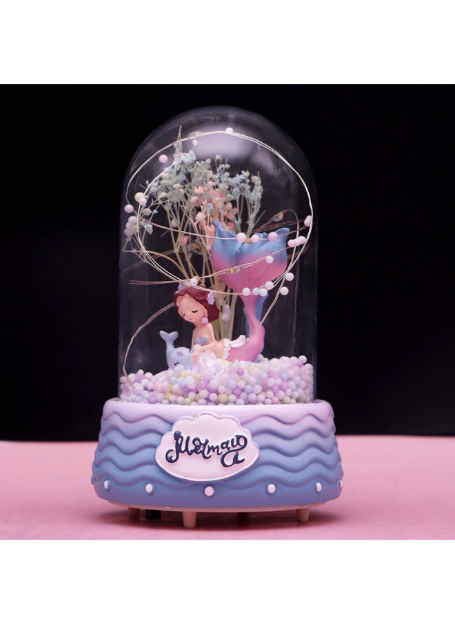 Mermaid Night Light Music Box Eternal Flower Dried Flower Glass Cover Desktop Decoration Star Ornaments Student Gift-Color:D05 Carousel Night Light Music Box Pink