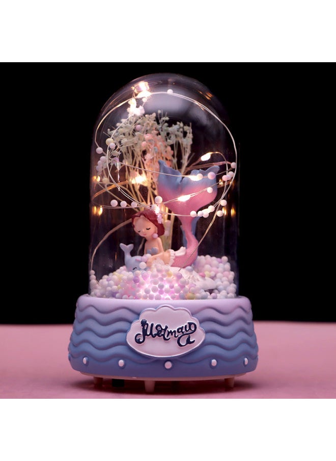 Mermaid Night Light Music Box Eternal Flower Dried Flower Glass Cover Desktop Decoration Star Ornaments Student Gift-Color:D05 Carousel Night Light Music Box Pink