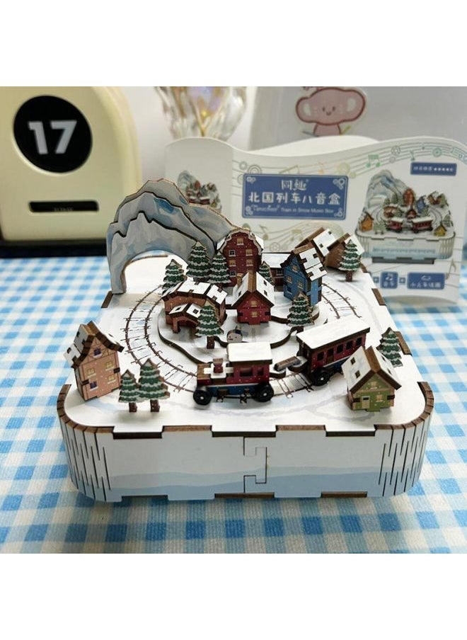 Assembled Music Box Cat's Happy Gathering Handmade Music Box Building Blocks Assembled Birthday Model Ornaments Manufacturers Straight Postage-Color:Tongqu-north Train-music [spirited Away]-Size:Unpacking Without Return Or Exchange