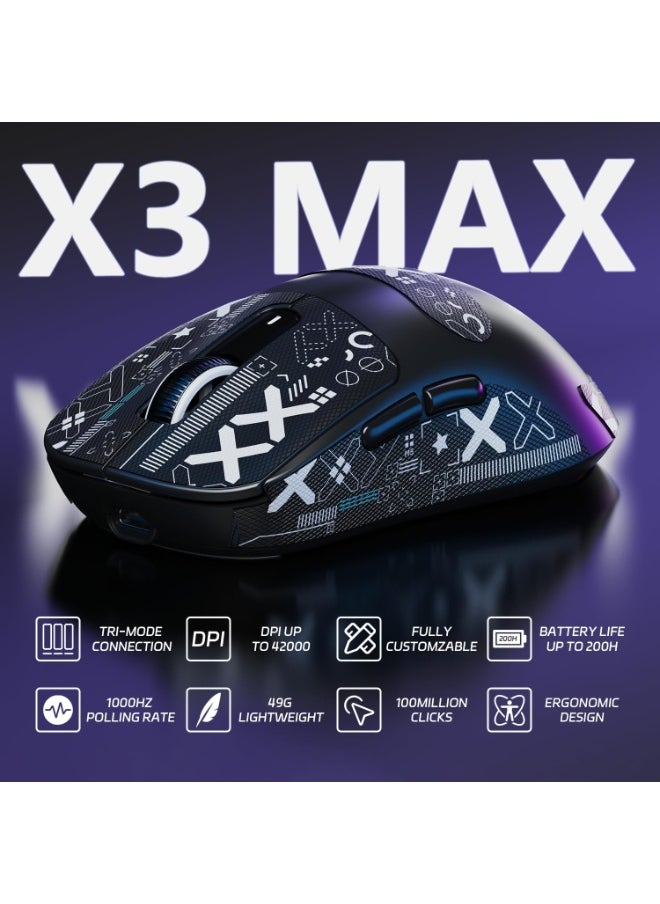 ATTACK SHARK X3MAX Wireless Gaming Mouse,PixArt PAW3950 Gaming Sensor,Up to 42K DPI,100 Million Micro,49g Lightweight Tri-Mode(BT5.2/2.4Ghz/Wired) Mice with Coiled Cable-Black&Tape
