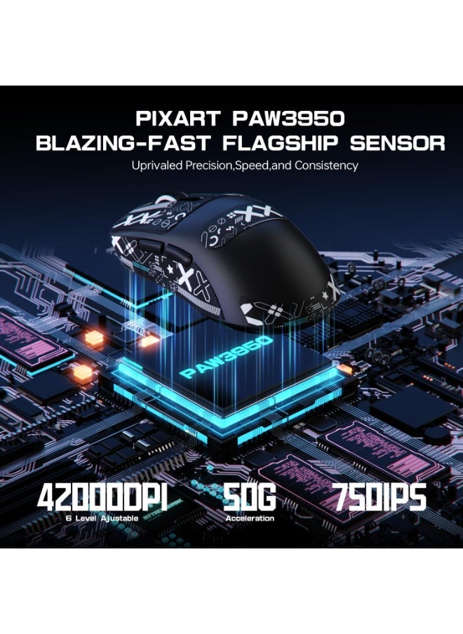 ATTACK SHARK X3MAX Wireless Gaming Mouse,PixArt PAW3950 Gaming Sensor,Up to 42K DPI,100 Million Micro,49g Lightweight Tri-Mode(BT5.2/2.4Ghz/Wired) Mice with Coiled Cable-Black&Tape