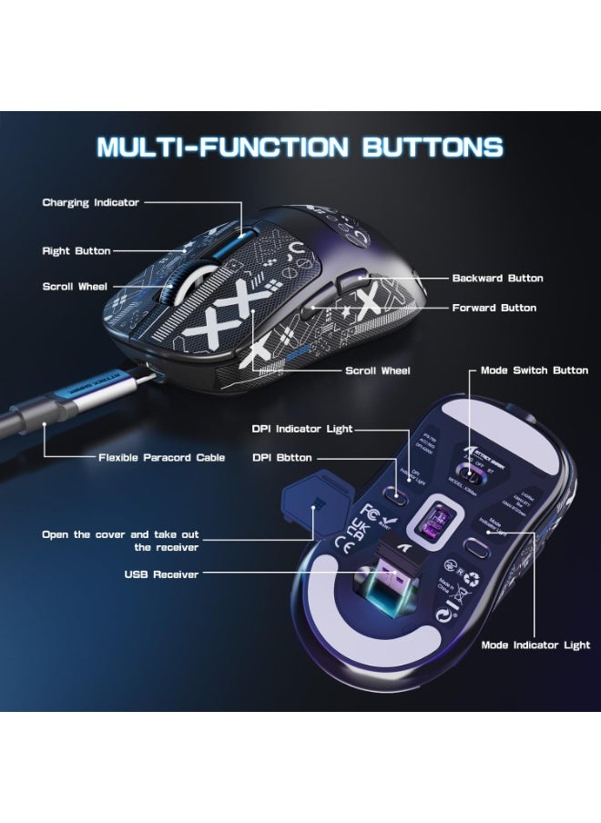 ATTACK SHARK X3MAX Wireless Gaming Mouse,PixArt PAW3950 Gaming Sensor,Up to 42K DPI,100 Million Micro,49g Lightweight Tri-Mode(BT5.2/2.4Ghz/Wired) Mice with Coiled Cable-Black&Tape
