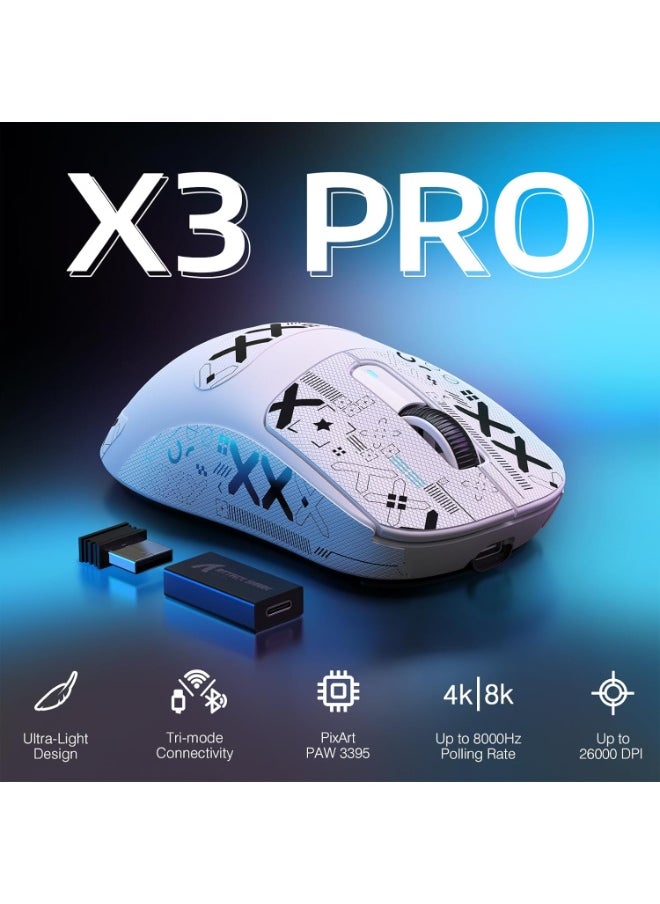 ATTACK SHARK X3PRO 4K/8K Lightweight Wireless Gaming Mouse with Tri-Mode(Wired/2.4GHz/BT),PAW3395 Optical Sensor,26K DPI,Kailh GM8.0 Switch,Long Battery,7 Buttons for PC/Laptop/Win/Mac(White+Sticker)