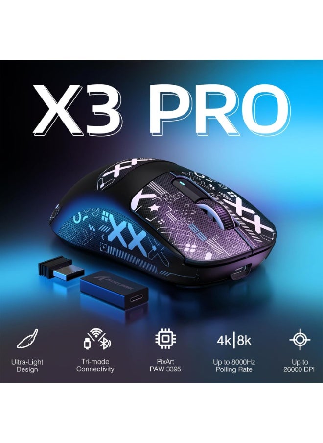 ATTACK SHARK X3PRO 4K/8K Lightweight Wireless Gaming Mouse with Tri-Mode(Wired/2.4GHz/BT),PAW3395 Optical Sensor,26K DPI,Kailh GM8.0 Switch,Long Battery,7 Buttons for PC/Laptop/Win/Mac(Black+Sticker)