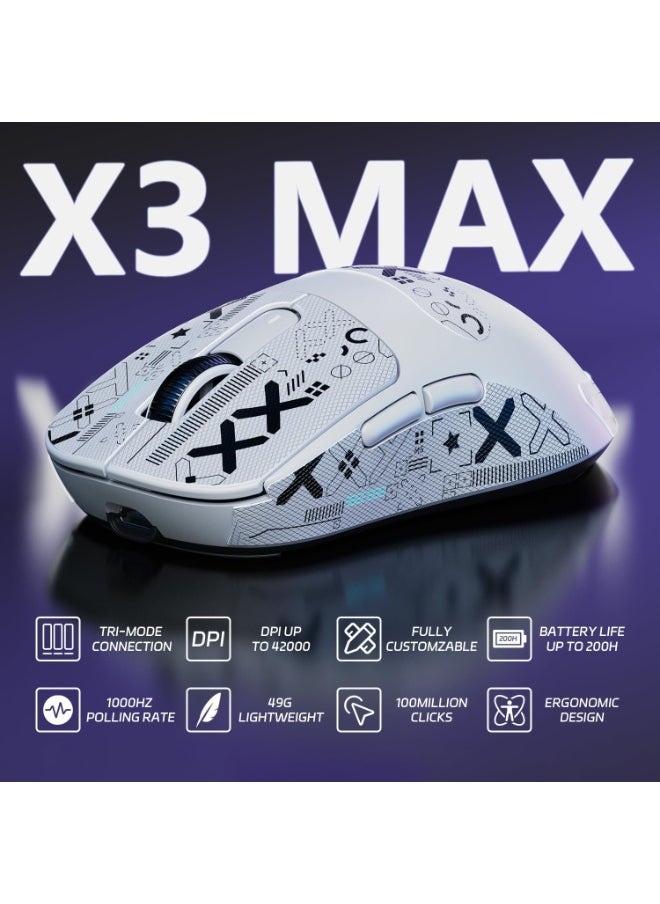 ATTACK SHARK X3MAX Wireless Gaming Mouse,PixArt PAW3950 Gaming Sensor,Up to 42K DPI,100 Million Micro,49g Lightweight Tri-Mode(BT5.2/2.4Ghz/Wired) Mice with Coiled Cable-White&Tape