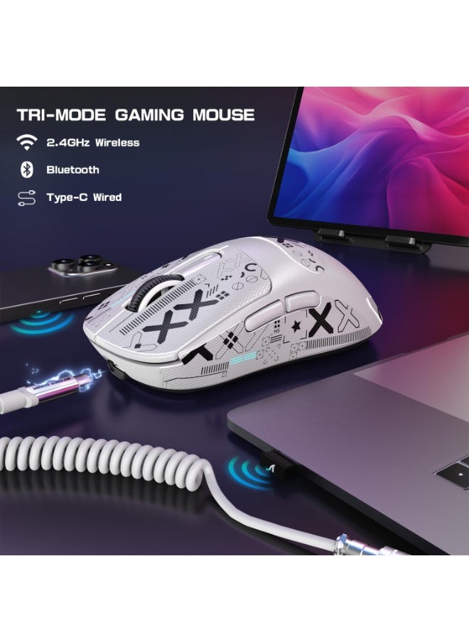ATTACK SHARK X3MAX Wireless Gaming Mouse,PixArt PAW3950 Gaming Sensor,Up to 42K DPI,100 Million Micro,49g Lightweight Tri-Mode(BT5.2/2.4Ghz/Wired) Mice with Coiled Cable-White&Tape