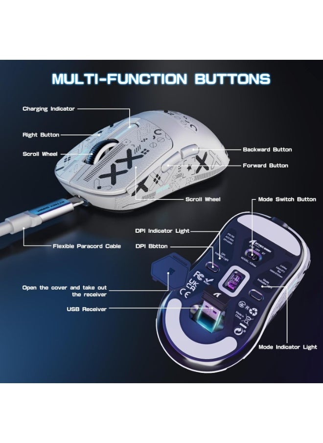 ATTACK SHARK X3MAX Wireless Gaming Mouse,PixArt PAW3950 Gaming Sensor,Up to 42K DPI,100 Million Micro,49g Lightweight Tri-Mode(BT5.2/2.4Ghz/Wired) Mice with Coiled Cable-White&Tape