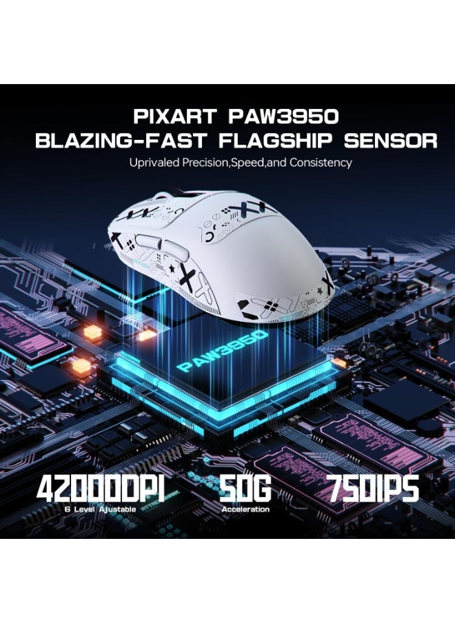 ATTACK SHARK X3MAX Wireless Gaming Mouse,PixArt PAW3950 Gaming Sensor,Up to 42K DPI,100 Million Micro,49g Lightweight Tri-Mode(BT5.2/2.4Ghz/Wired) Mice with Coiled Cable-White&Tape