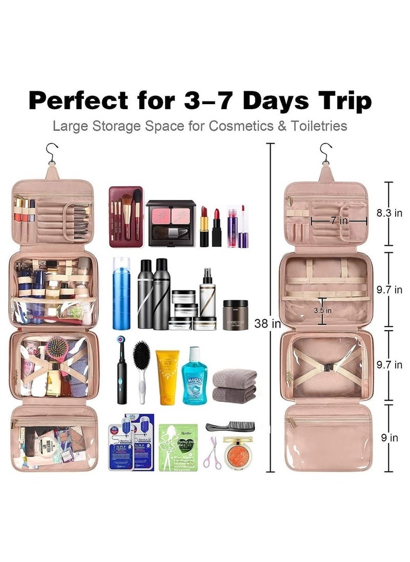 Toiletry Bag Hanging Travel Makeup Bag for Women, Large Waterproof Cosmetic Bags Travel Organizer Full Sized Container with Elastic Band Holders for Toiletries, Cosmetics, Brushes, Bottle, Pink