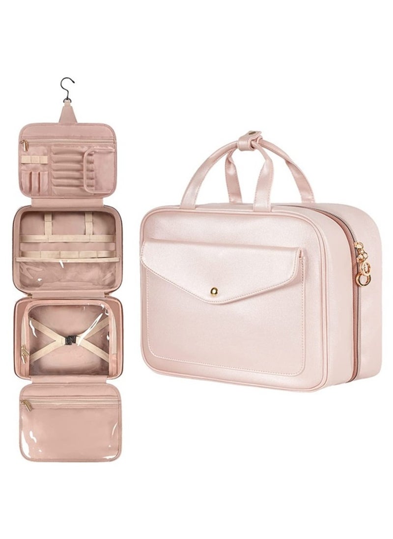 Toiletry Bag Hanging Travel Makeup Bag for Women, Large Waterproof Cosmetic Bags Travel Organizer Full Sized Container with Elastic Band Holders for Toiletries, Cosmetics, Brushes, Bottle, Pink