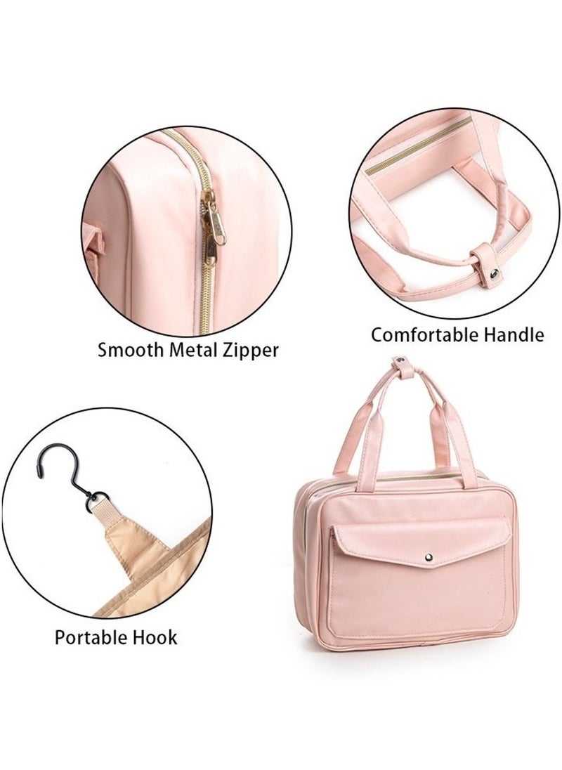 Toiletry Bag Hanging Travel Makeup Bag for Women, Large Waterproof Cosmetic Bags Travel Organizer Full Sized Container with Elastic Band Holders for Toiletries, Cosmetics, Brushes, Bottle, Pink