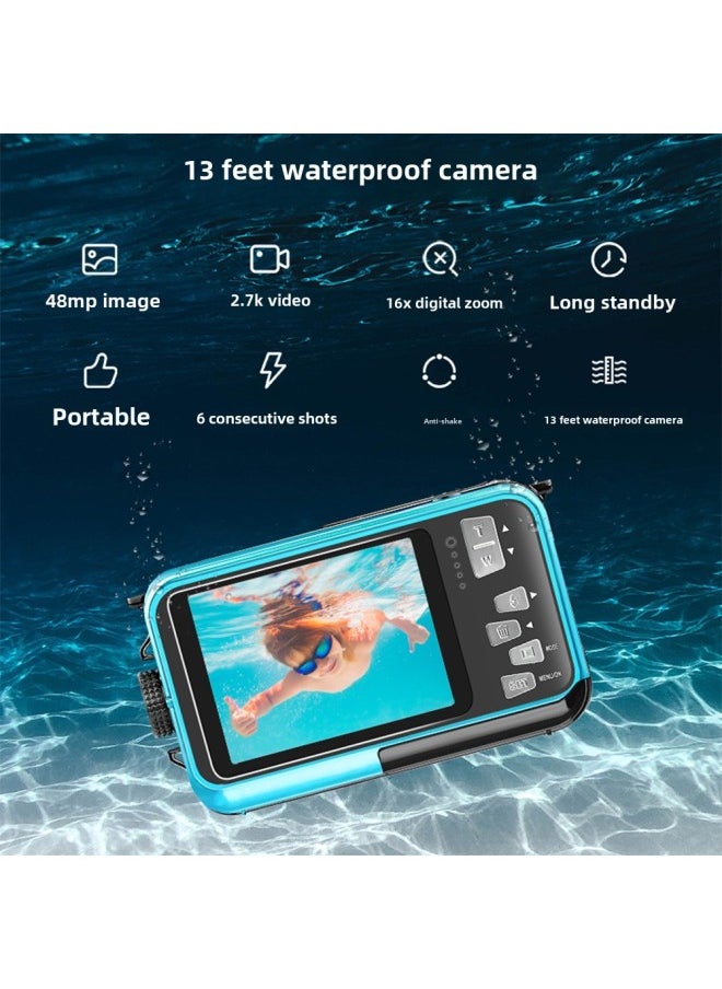 2.7K Digital Camera Underwater Camera 48MP Dual LCD Screen Display Waterproof Camera Monopoly-Color:Blue