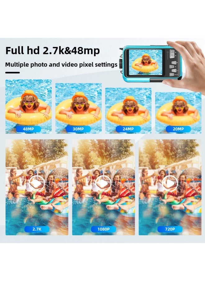 2.7K Digital Camera Underwater Camera 48MP Dual LCD Screen Display Waterproof Camera Monopoly-Color:Blue
