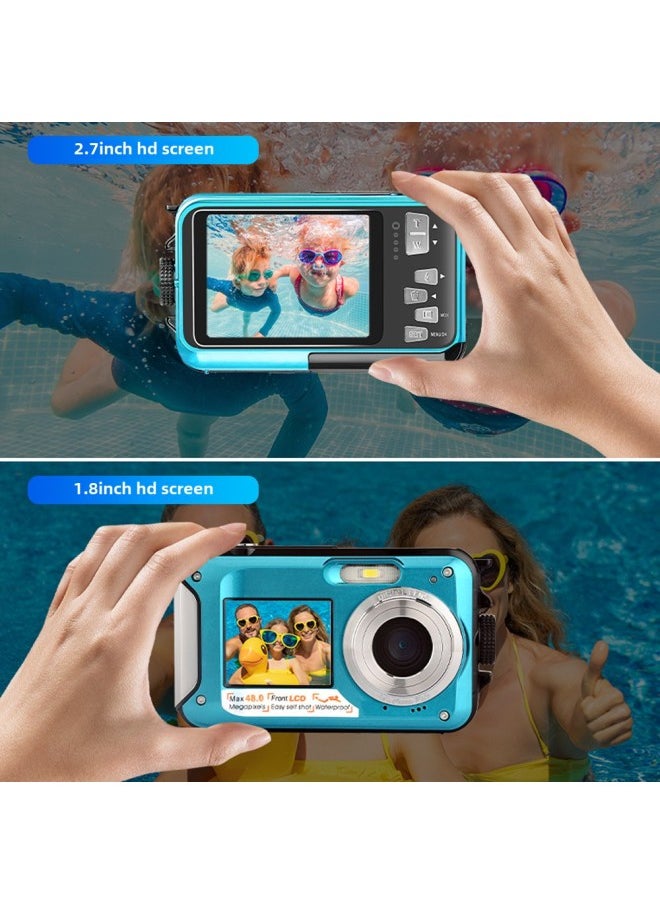 2.7K Digital Camera Underwater Camera 48MP Dual LCD Screen Display Waterproof Camera Monopoly-Color:Blue