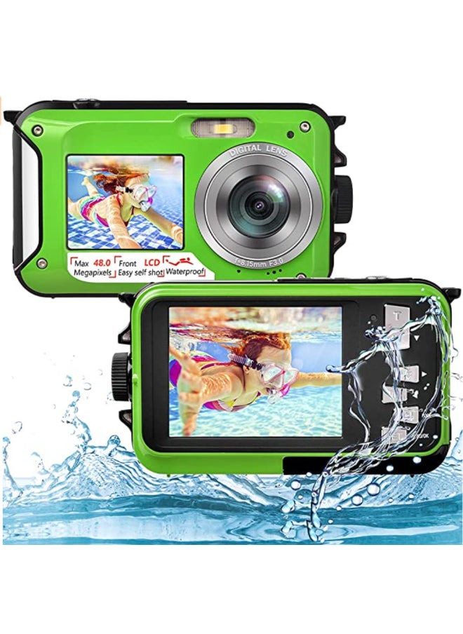 Outdoor Single Underwater Camera Full HD 2.7K 48MP Waterproof Snorkeling Dual Screen Waterproof Camera Digital-Color:Standard Green Japanese