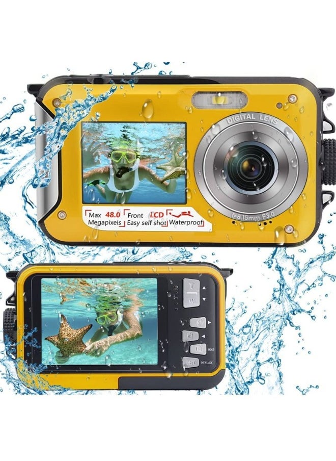 Outdoor Single Underwater Camera Full HD 2.7K 48MP Waterproof Snorkeling Dual Screen Waterproof Camera Digital-Color:Standard Yellow English