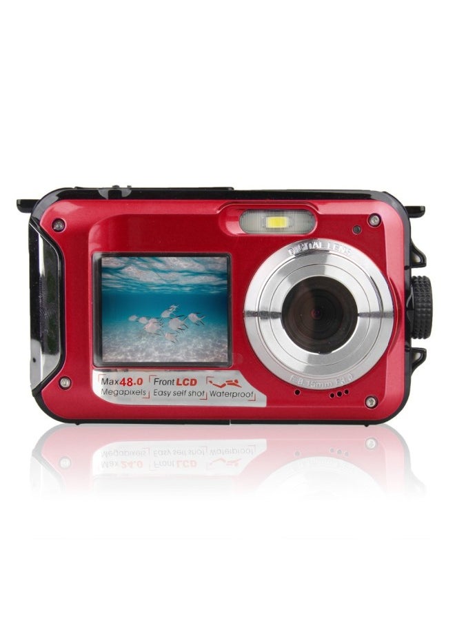 Foreign Single English Underwater Camera Full HD 2.7K 48MP Waterproof Snorkeling Dual Screen Waterproof Camera Digital-Color:Standard Red Five Languages Manual