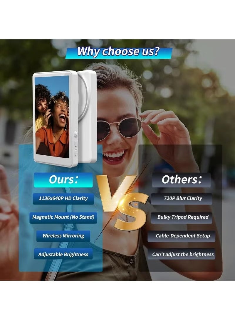2025 Magnetic Wireless Selfie Monitor for iPhone & Android – 4-Inch Bluetooth Rear Camera Sync Vlog Screen with Remote Control, Anti-Slip Silicone Gel Pad, ABS Magnetic Mount – Ideal for TikTok, Reels, YouTube, and Pro Selfies (White)