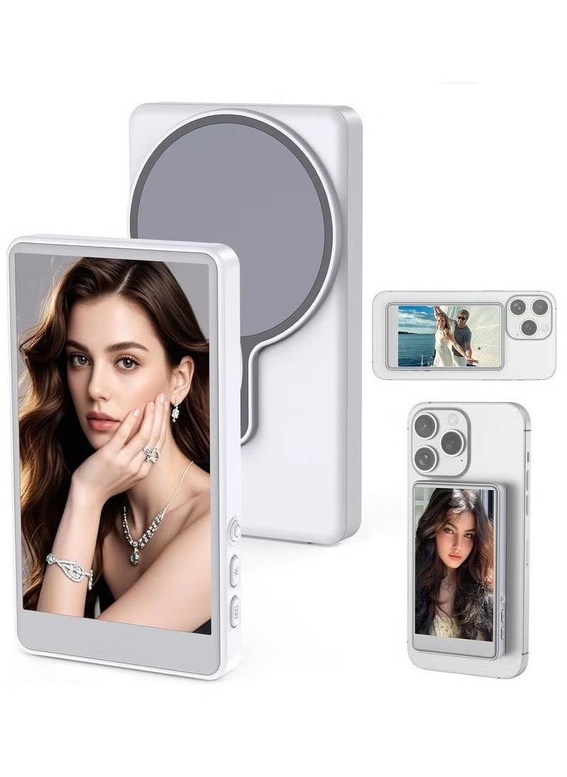 2025 Magnetic Wireless Selfie Monitor for iPhone & Android – 4-Inch Bluetooth Rear Camera Sync Vlog Screen with Remote Control, Anti-Slip Silicone Gel Pad, ABS Magnetic Mount – Ideal for TikTok, Reels, YouTube, and Pro Selfies (White)