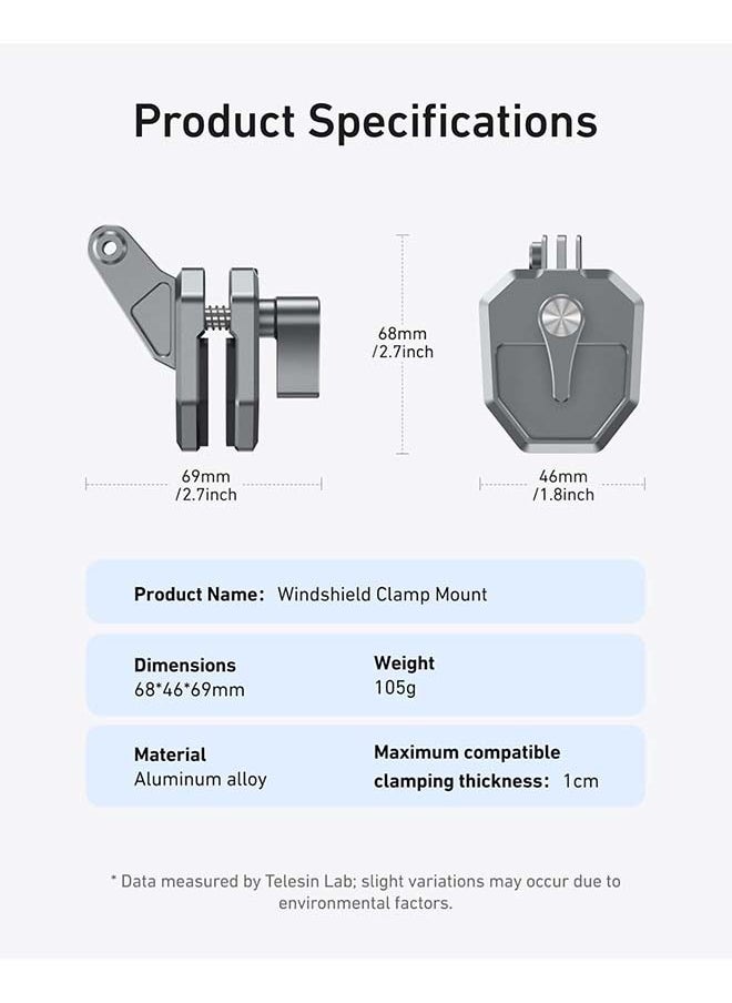 TELESIN Motorcycle Windshield Clip Camera Mount, Quick Release Motorbike Windscreen Clamp for Go Pro 13 12 11 10 9 8 7 DJI Action 5 Pro Action 4 3, Compatible with Insta360 X5 X4 X3 Sports Action Cam