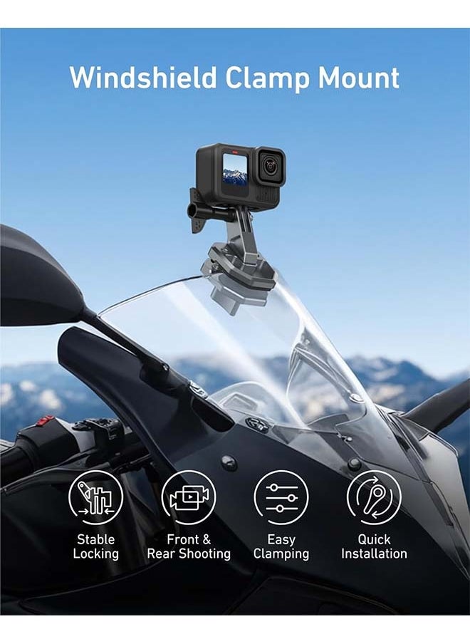 TELESIN Motorcycle Windshield Clip Camera Mount, Quick Release Motorbike Windscreen Clamp for Go Pro 13 12 11 10 9 8 7 DJI Action 5 Pro Action 4 3, Compatible with Insta360 X5 X4 X3 Sports Action Cam