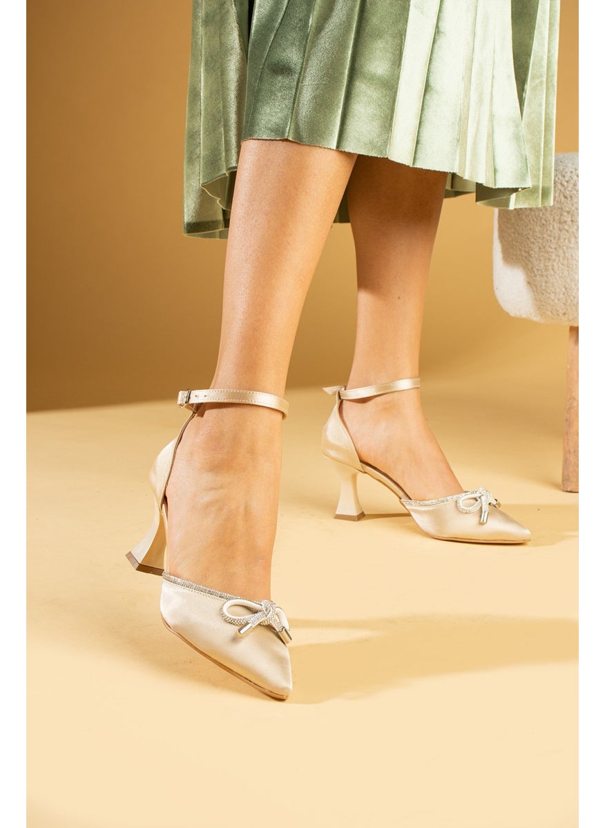 Pink Potin Stone Bow Ankle Binding Goblet Heeled Women's Shoes 018-52-24SATEN