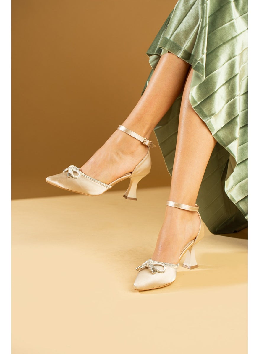 Pink Potin Stone Bow Ankle Binding Goblet Heeled Women's Shoes 018-52-24SATEN