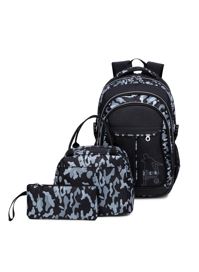 Primary and Secondary School Students' Backpack Camouflage Print Schoolbag Boys and Girls Backpack 31*40*13CM +Lunch bag + Pencil Case Three-piece Set