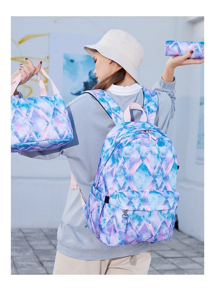USB Interface Girl Backpack Printed Student Schoolbag Large Capacity Computer Backpack 30*42*14CM + Lunch Bag 22*16*15CM + Pencil Case 20*5.5*4CM Three-piece Set