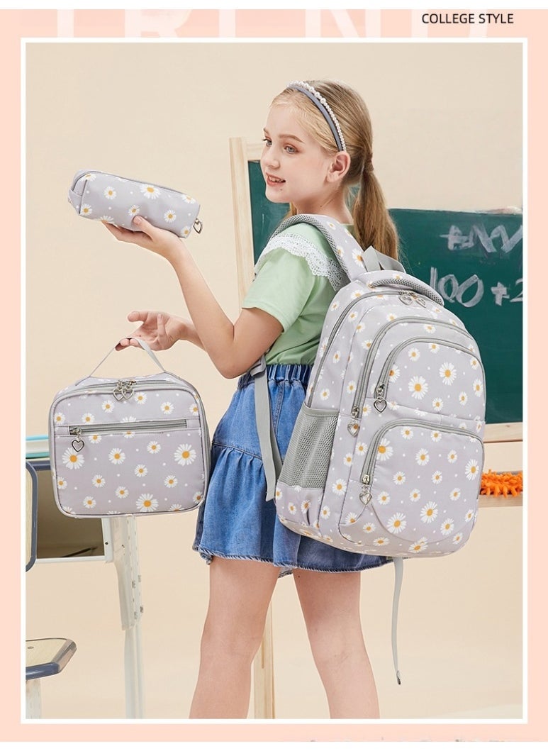 Backpack for Primary and Secondary School Students, Daisy Girls' Backpack, 29*43*16cm School Bag + 25*21*11cm Insulated Lunch Bag + 20*6*6cm Pencil Case, 3-piece Set.