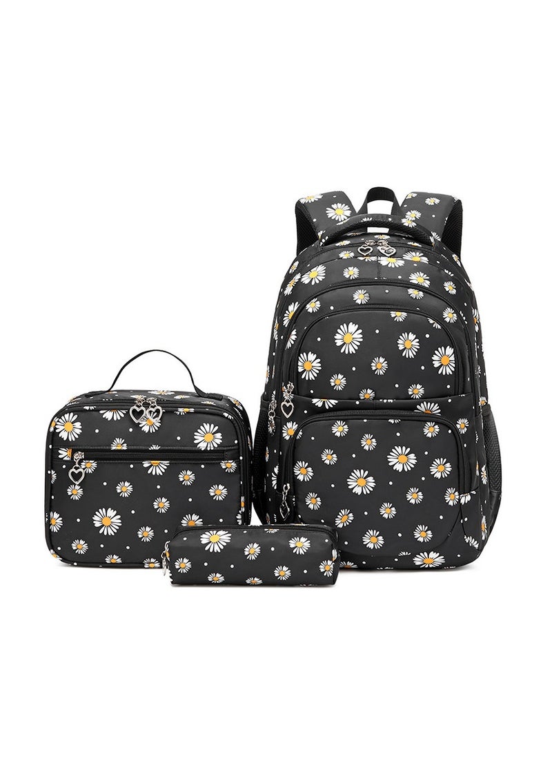 Backpack for Primary and Secondary School Students, Daisy Girls' Backpack, 29*43*16cm School Bag + 25*21*11cm Insulated Lunch Bag + 20*6*6cm Pencil Case, 3-piece Set.