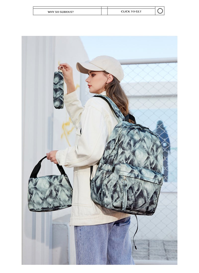 USB Interface Girl Backpack Printed Student Schoolbag Large Capacity Computer Backpack 30*42*14CM + Lunch Bag 22*16*15CM + Pencil Case 20*5.5*4CM Three-piece Set
